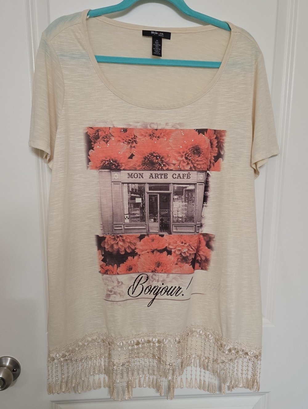 Style & Co. Cream Short-Sleeve Tee with Coral Floral Paris Graphic